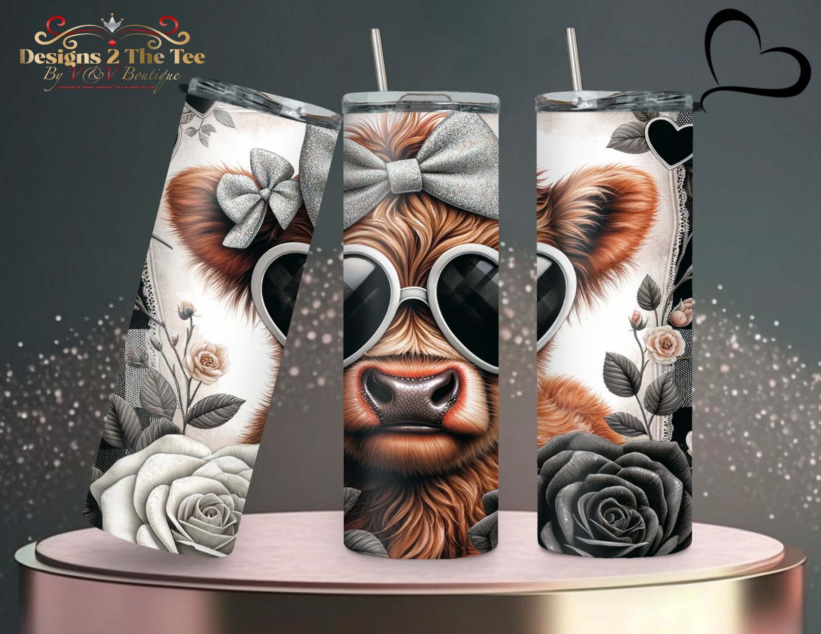 Cute Highland Cow Black & White Flowers & Bows Heart Glasses