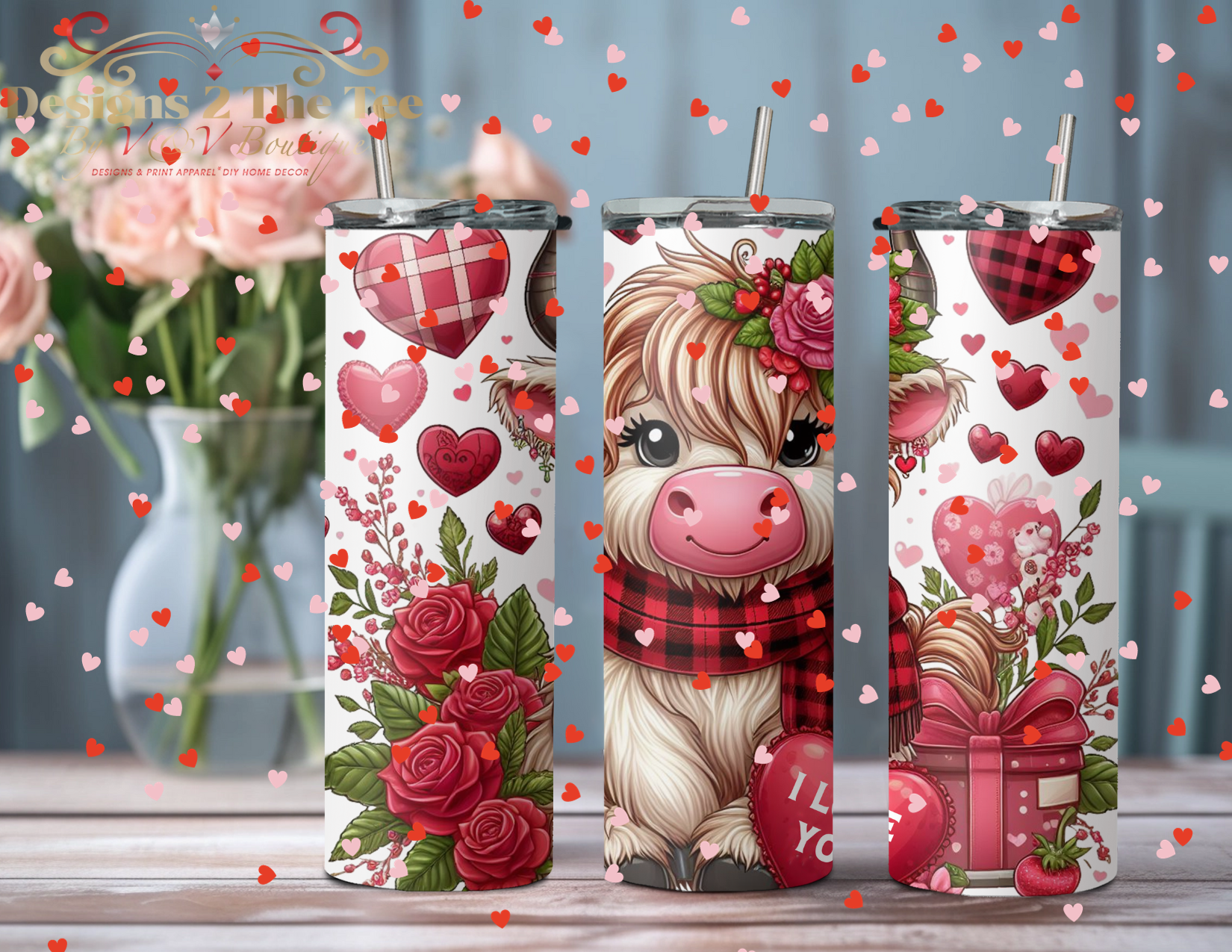 Cute Highland Cow Flowers & Red Scarf