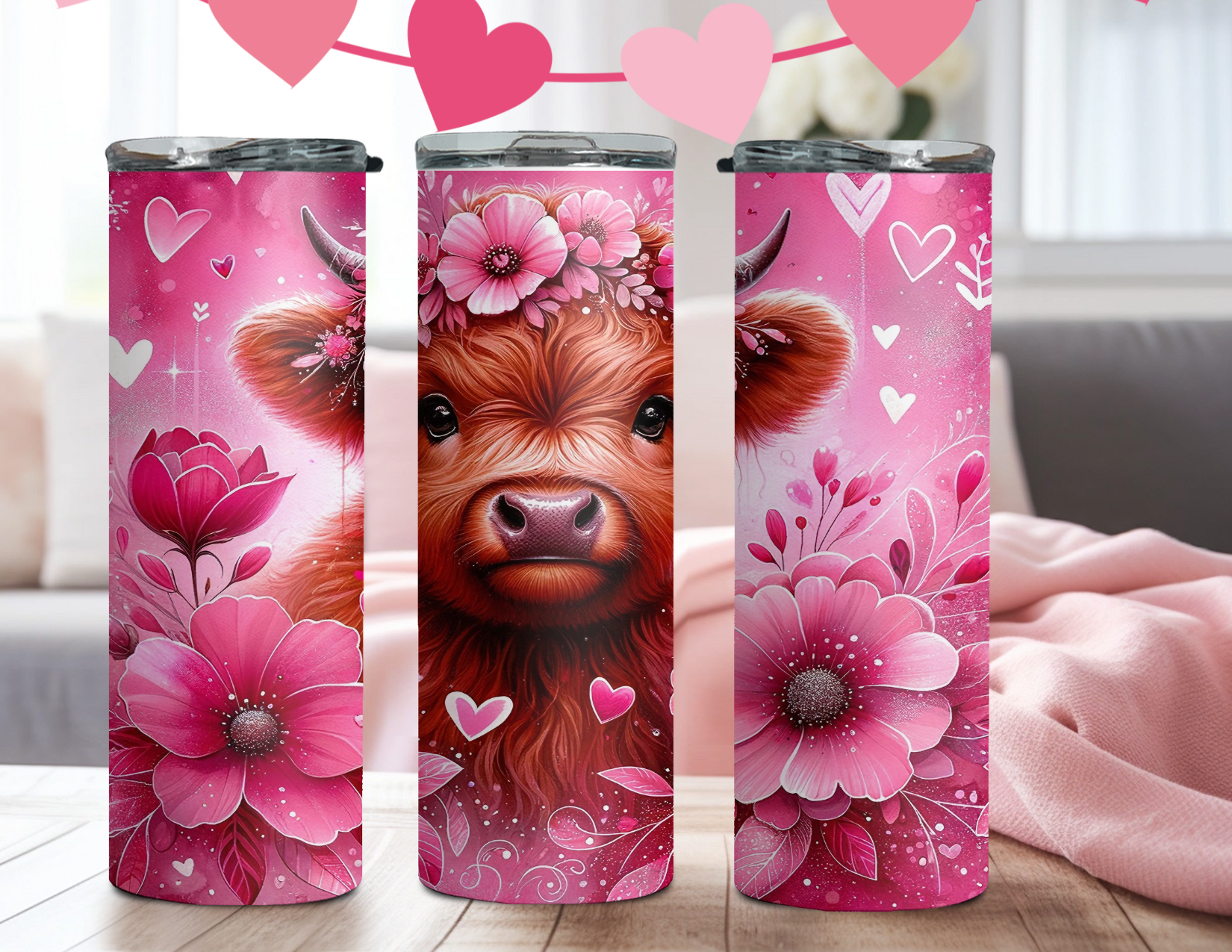 Cute Highland Cow Pink Flowers & Hearts