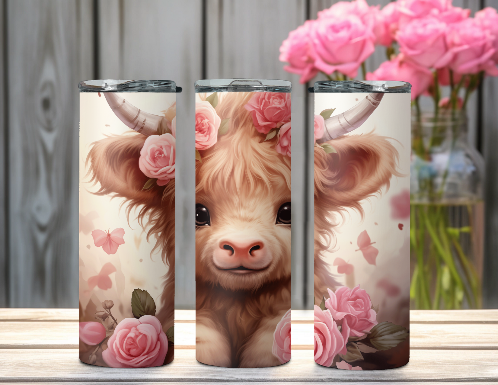 Highland Cow Pink Roses