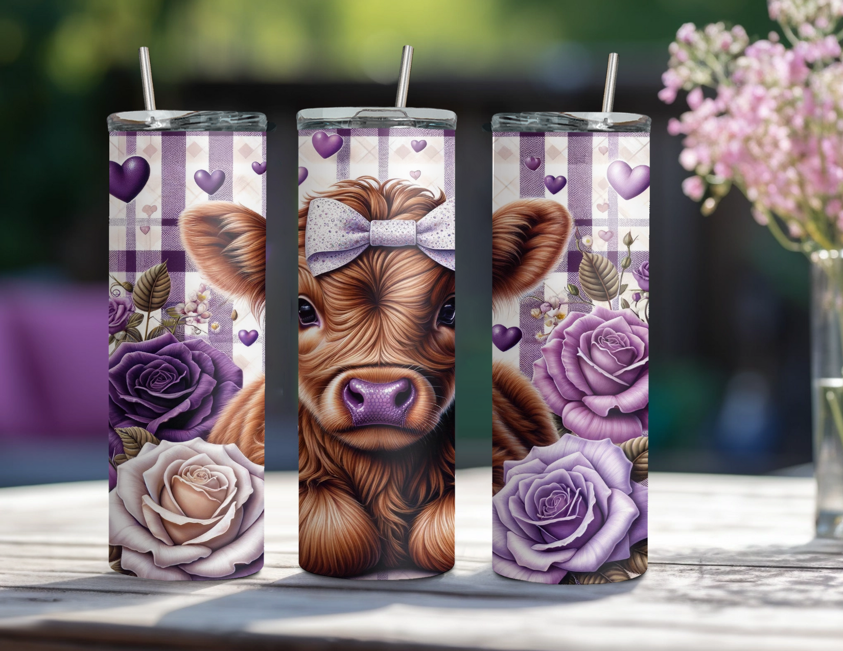 Cute Highland Cow Purple Flowers & Hearts