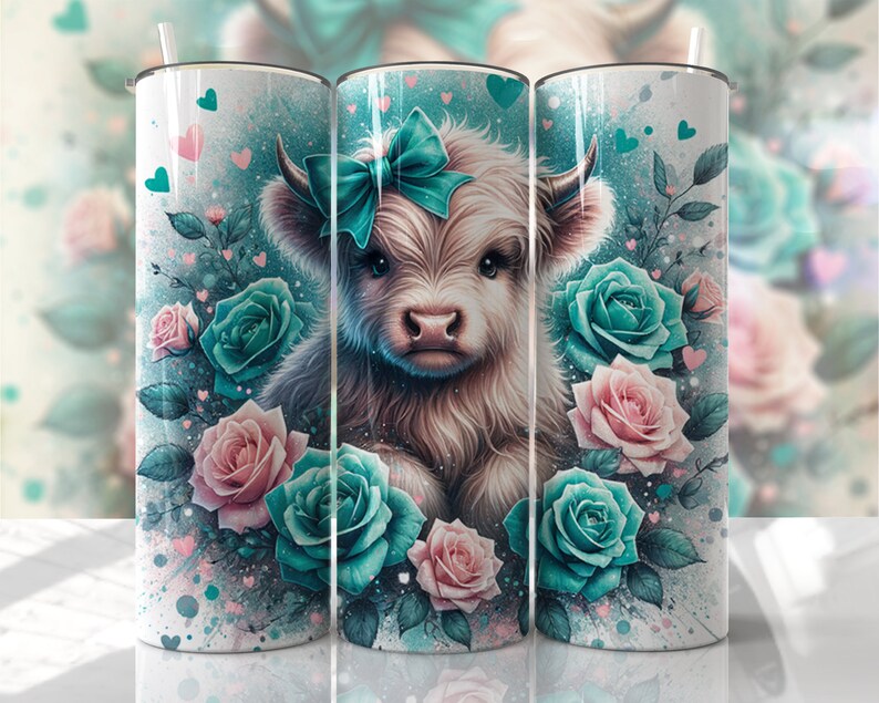 Cute Highland Cow with Teal & Pink Flowers